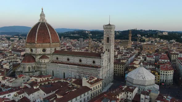 Florence Cathedral (Santa Maria del Fiore) during sunset flight (Tuscany, Italy) alt
