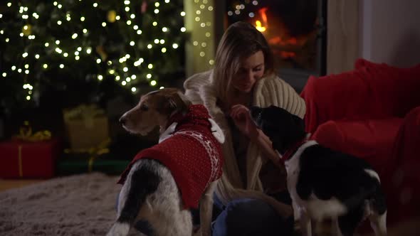 Close Up Portrait of Woman and Two Her Dogs are Sitting on the Floor Near a Burning Fireplace and a alt