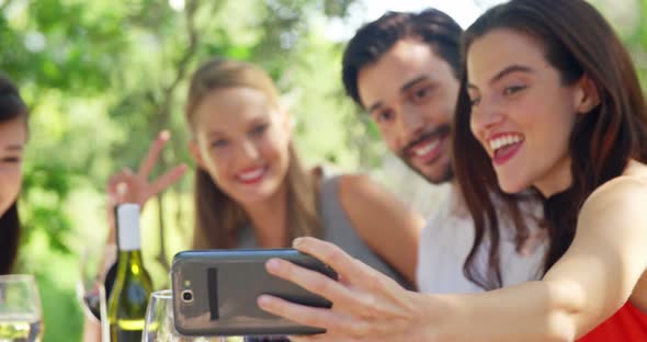Group of friends taking selfie while having lunch alt