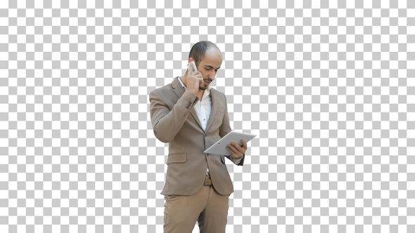 Busy man talking on mobile phone and holding, Alpha Channel