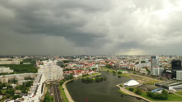 Panoramic View of the Historical Center of Minsk Before a Thunderstorm