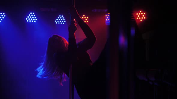 Attractive Young Sexy Woman Dancing on a Pole in Colored Smoke