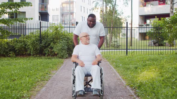 African-American caregiver and old disabled man in a wheelchair. Nurse and patient. alt