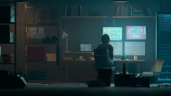 Hacker room. Digital attack. Data stealing using cyberspace. Network crime. 4K alt