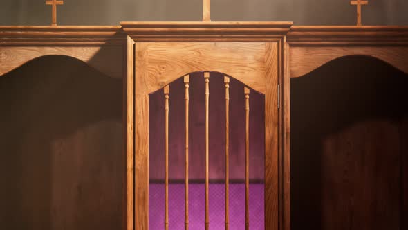 Christian chapel with confessional. Place in the church to confess sins. Mercy. alt