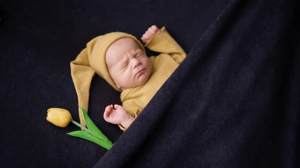 Serenity a Newborn Baby in Yellow Pajamas Sleeping Peacefully Next to a Tulip Flower on a Dark alt