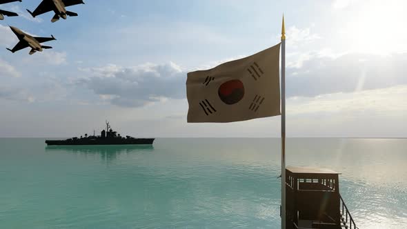 Waving Korean Flag Warship and Passing Warplanes alt