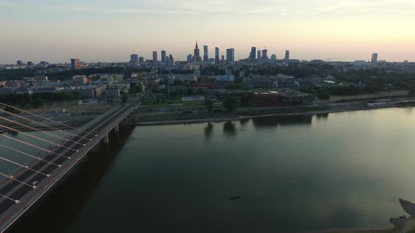 Aerial view of Holy Cross Bridge in Warsaw at dusk