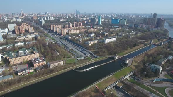 A drone flies over Moscow. Top view of the city.