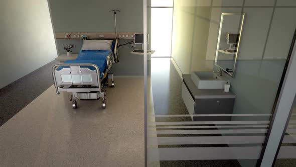 A walk through the hospital hallway with a view of hospital rooms. Loopable. HD alt