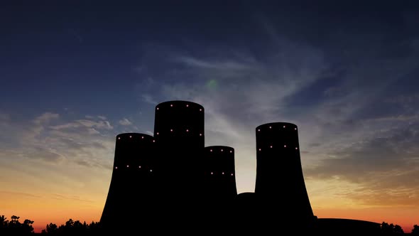 Nuclear Power Station Over Sunset