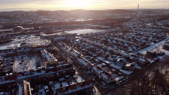 Urban Villa Area Winter Time Snow Covered Sunset East Gothenburg Aerial