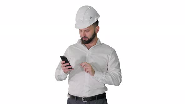 Engineer Walking and Using Smartphone on White Background
