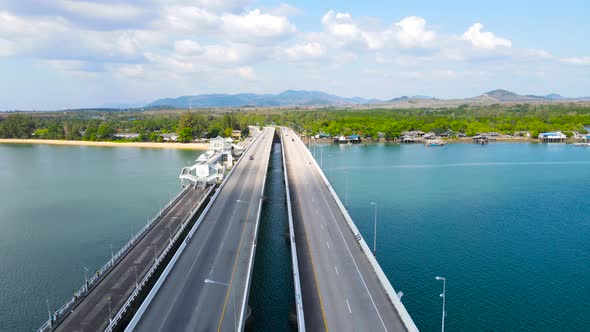 Aerial view top down view Sarasin Bridge transport over sea. Transport concept Phuket Thailand alt