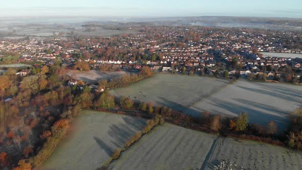 Balsall Common Village Misty Winter Morning Landscape Aerial West Midlands UK Colour Graded