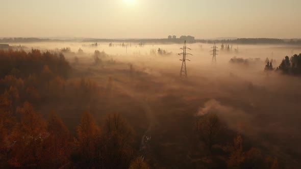Suburban Foggy Landscape with Power Lines in Russia