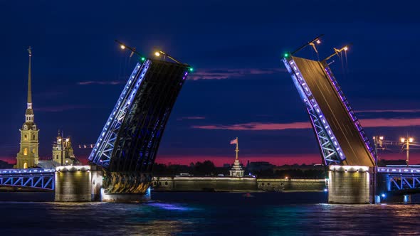 View of the Open Palace Bridge Timelapse Which Spans  the Spire of Peter and Paul Fortress alt