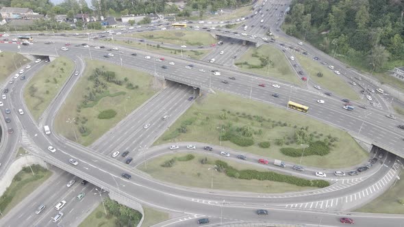 Cars Ride on the Road. Slow Motion. Kyiv. Ukraine. Aerial, Gray, Flat alt