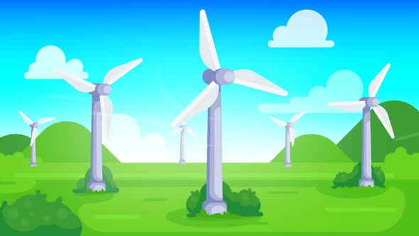 Wind turbines on green field with blue sky.