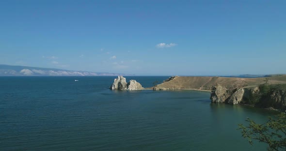 Baikal Landscape. A Famous Tourist Attraction. Olkhon Island Aerial Shot in Summer Time alt