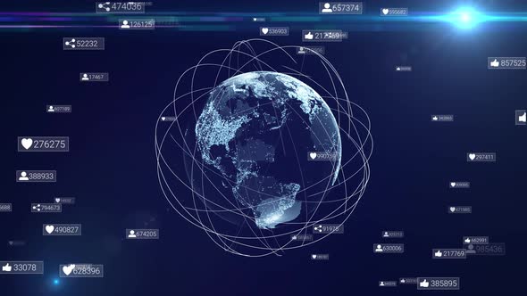 Animation of global communication network. Business software networking system alt