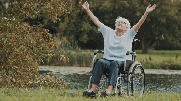 Senior Woman in the Wheelchair Outstretching Her Hands Near the River alt