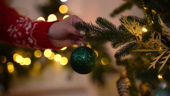 Hand of Girl Hanging Christmas Ball on Fir Tree alt
