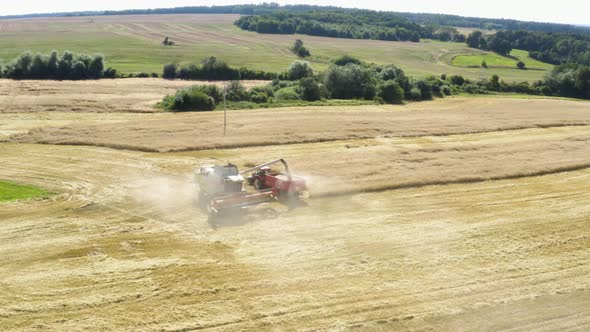 Aerial Drone Shot a Combine Harvester Fills a Wagon of a Tractor with the Harvest in a Field