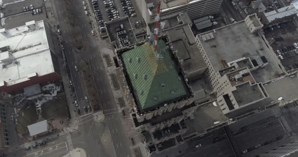 Aerial view of the Historic Fisher Building and surrounding landscape in Detroit. This video was fil alt