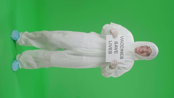 Full Body Of Asian Man Wear Uniform Ppe And Hold Vaccines Save Lives Sign In Green Screen Studio alt
