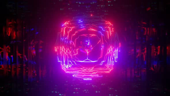 3d Object or Structure Rotates and Moves Inside Glass Mirror Tunnel with Neon Light Bright alt