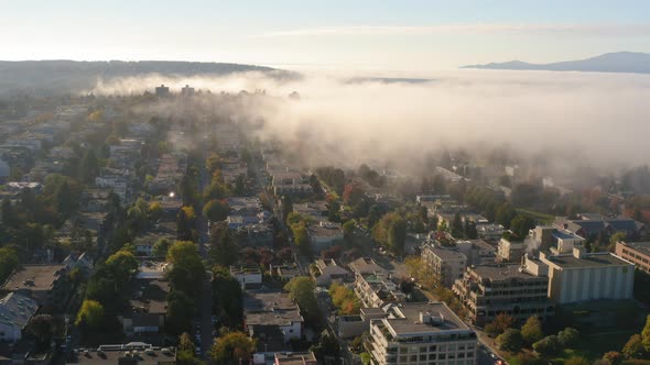 Stunning aerial view of fog covering an idyllic Vancouver community alt