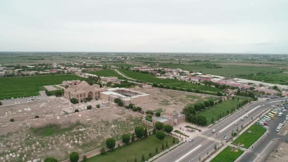 Panorama of Bahouddin Naqshband Memorial Complex Near Bukhara Filmed By Drone Cam on a Cloudy Day alt