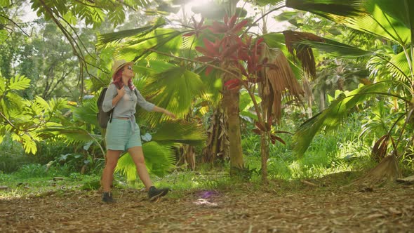 Woman Contemplating Tropical Rainforest Sun Light Shining Through with Flare alt