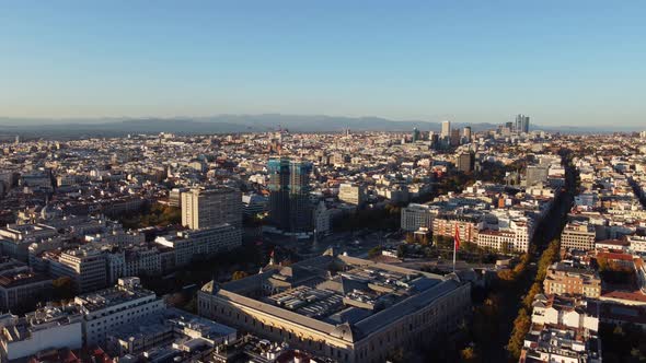 Drone View of Sunny Madrid and Its Quarters From a Bird's Eye View