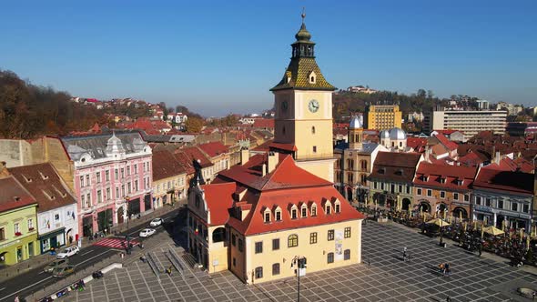 Aerial drone view of The Council Square in Brasov, Romania. Old city centre with County Museum of Hi alt