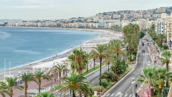Beautiful Panoramic Aerial View City of Nice Timelapse, France. Mediterranean Sea, Bay of Angels alt