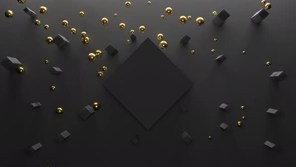 Golden Spheres Fall Against the Dark Wall and Bounce Off the Central Big Block and Scattered Small alt