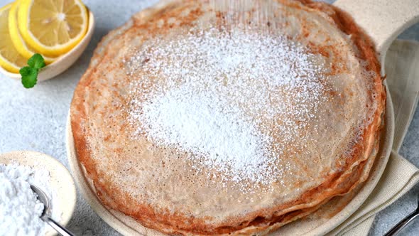 English-styled pancakes with lemon and sugar traditional for Shrove Tuesday. English pancake day