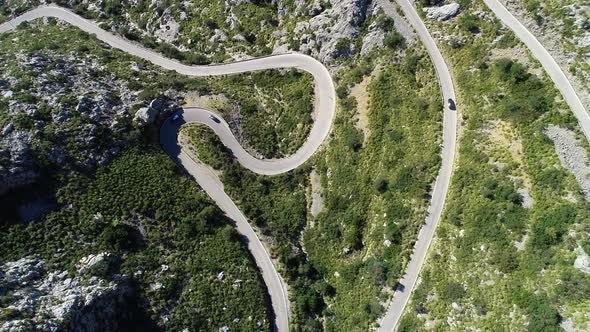 Aerial View Winding Serpentine Road at Mallorca Isle