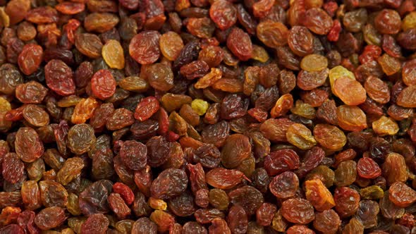 Looped Spinning Full Frame Background of Yellow and Brown Raisins Pile