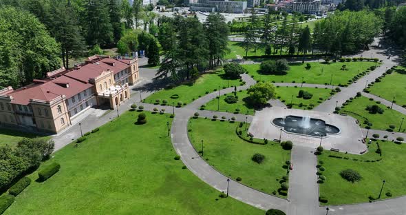 Zugdidi, Georgia - May 30 2022: Aerial view of Dadiani Palace in the center of Zugdidi city alt