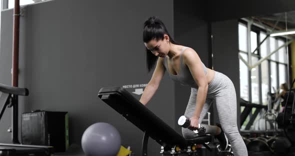 Female Athlete Doing Dumbbell Row Exercise in Gym Indoors