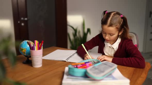 Focused schoolgirl sit at desk doing homework handwriting