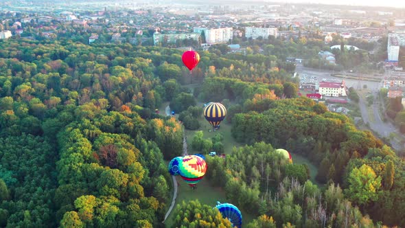 Multicolored balloons fly over trees. Nice top view of the park, forest covered with greenery.