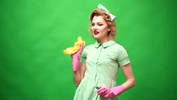Funny Housekeeper. Housekeeping and Cleaning Concept. Wife with Clean Spray, Duster. Cleaning, Retro alt