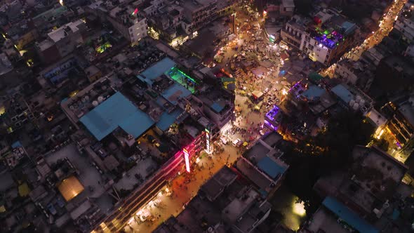 Delhi, India, Main bazaar 4k night aerial drone alt