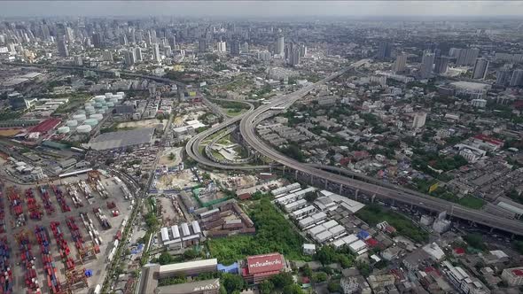 Logistic concept aerial shot of commercial maritime transport dockyard with cargo ships waiting to b alt