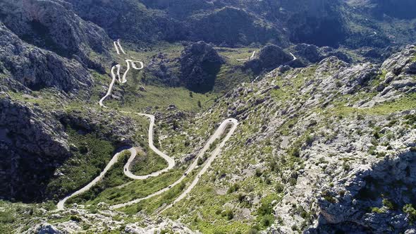 Aerial View Winding Serpentine Road at Mallorca Isle