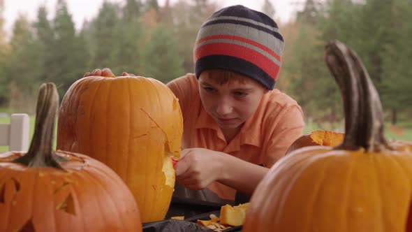Young boy carving pumpkin for Halloween